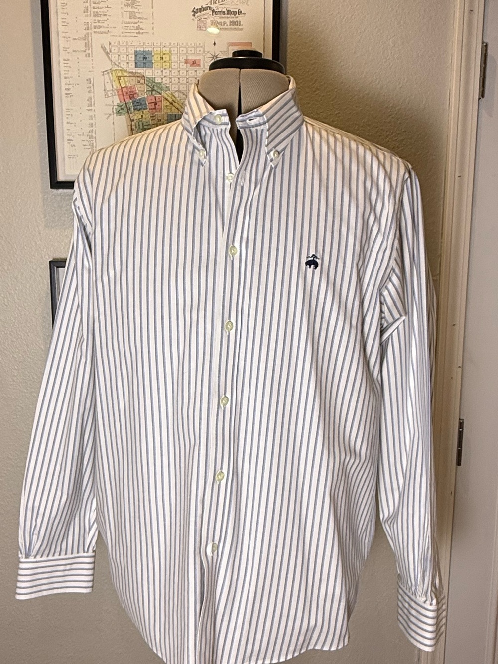 Brooks Brothers Regular Fit L Blue White Stripe Non-Iron Button-Down Shirt - Picture 2 of 9